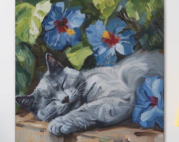 Russian Blue Gray Cat Sleeping Among Blue Hibiscus Flowers Poster