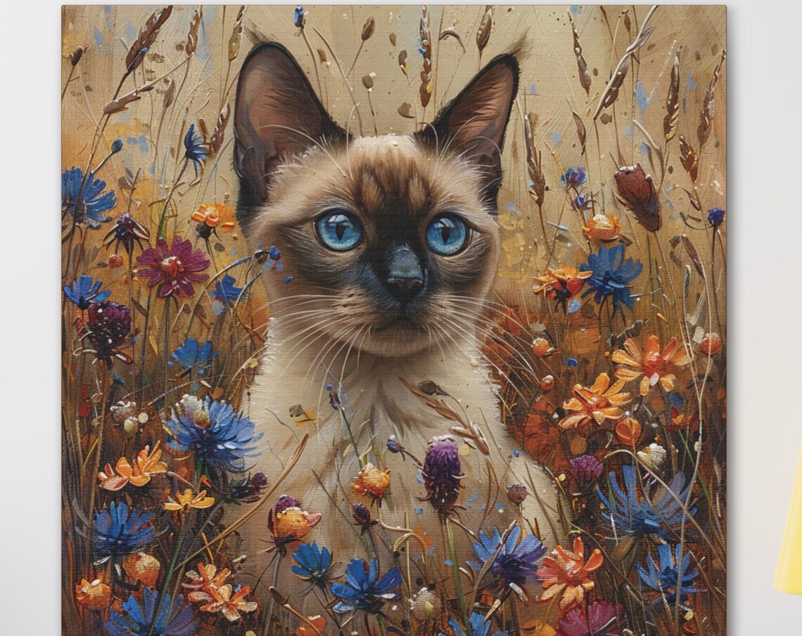 Siamese Kitten in a Field of Blue and Orange Wildflowers Poster