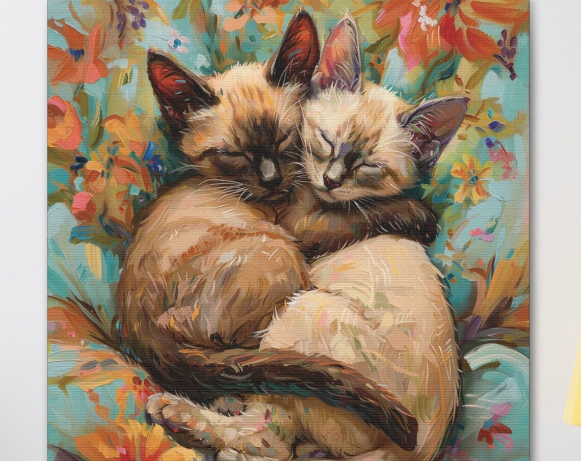 Two Sleeping Siamese Kittens Curled Together in Warm Art Poster
