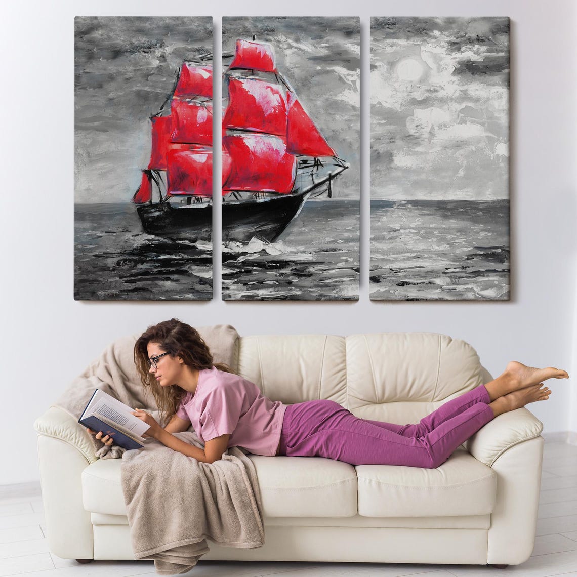 Scarlet Sails Tall Ship Gray Monochrome Ocean Seascape Wall Art - Image 3