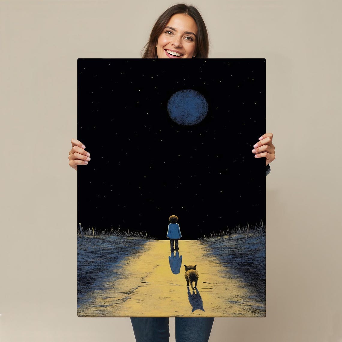 Child And Dog Walking On A Moonlit Path Under Starry Night Sky Poster - Image 4