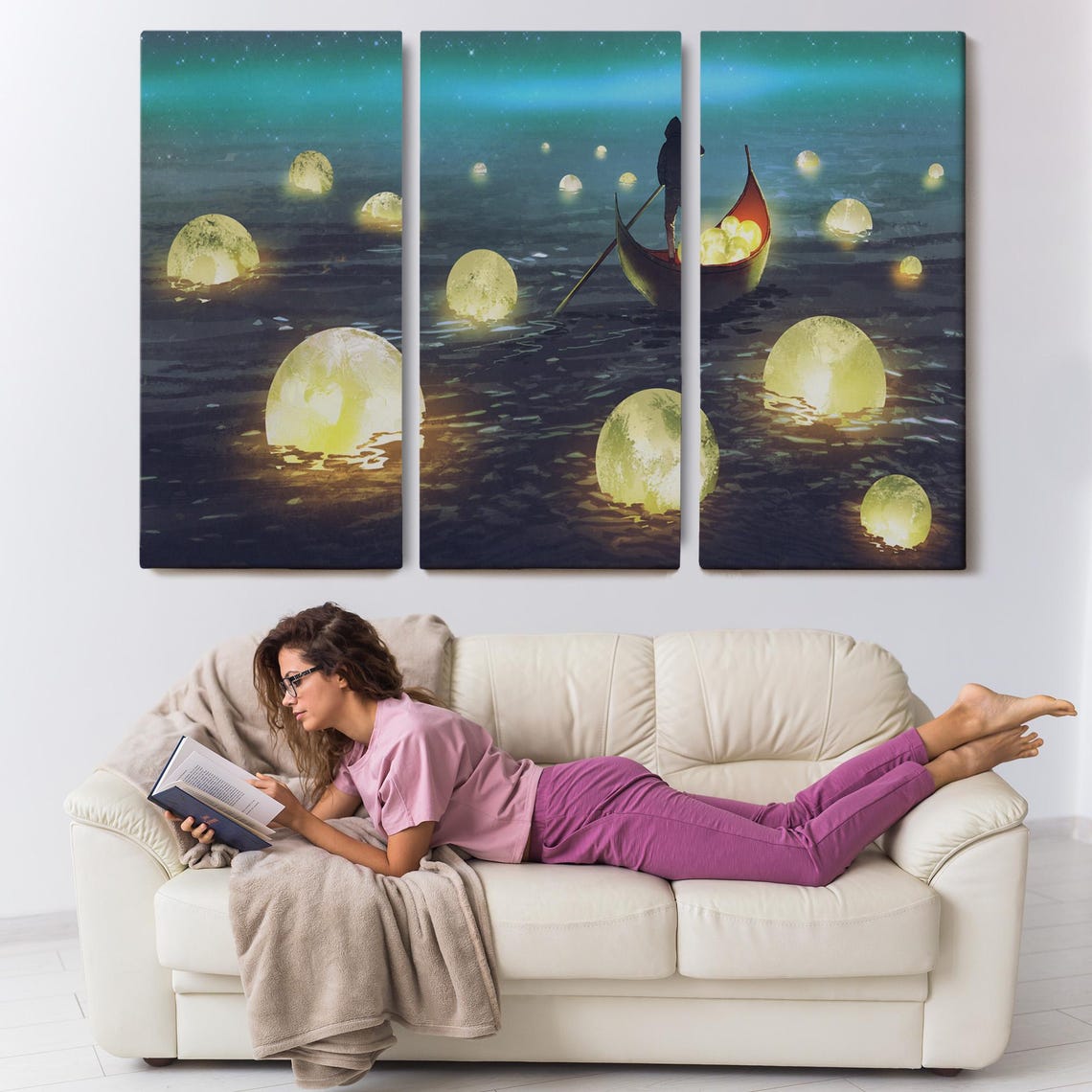 Man Collecting Fallen Moons Boat Surreal Night Fantasy Art Poster - Image 3