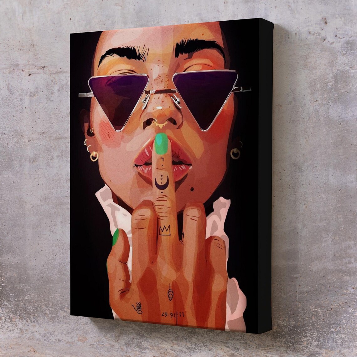 Stylized Woman In Triangle Sunglasses Making Shh Gesture Pop Art Poster