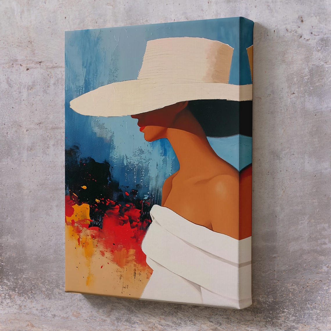 Abstract Woman White Sun Hat Blue Modern Portrait Fashion Wall Art