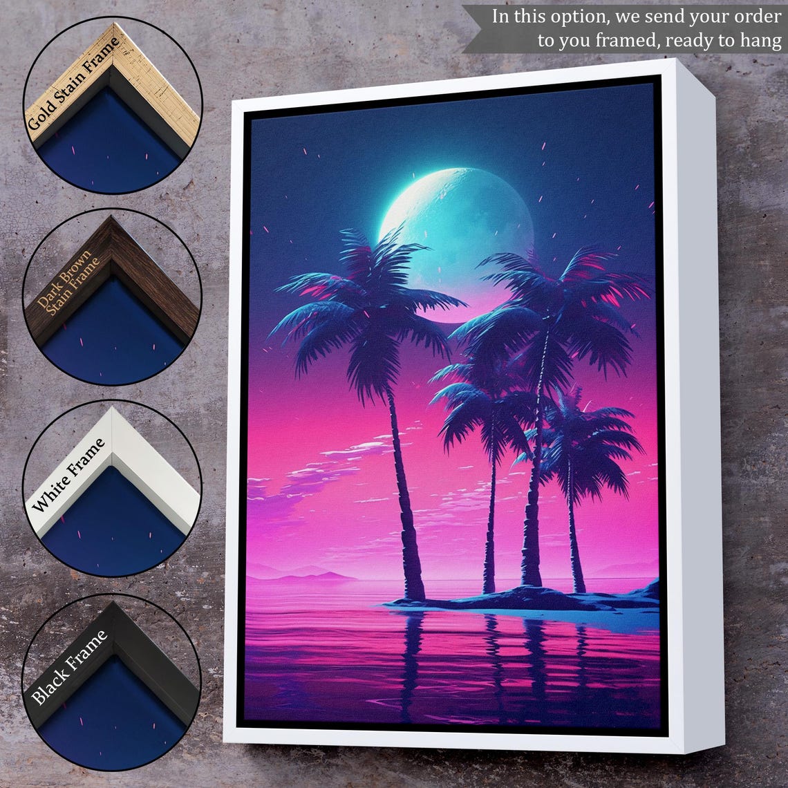 Neon Palm Trees Moon Night Synthwave Tropical Island Art Poster - Image 3