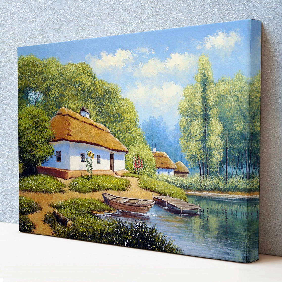 Ukrainian Village Cottage By River Rowboat Thatched Roof Summer Poster