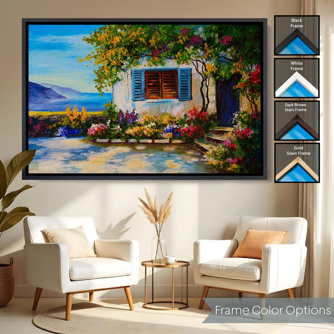 Mediterranean Coastal Cottage Blue Shutters Sea View Flowers Poster - Image 2