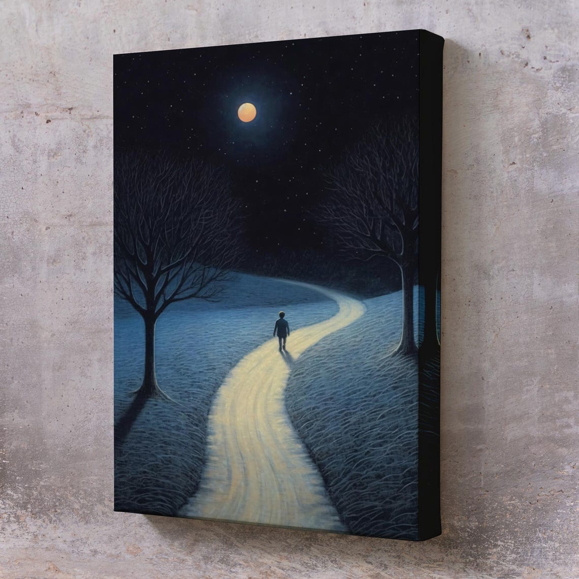 Lone Figure Moonlit Path Orange Moon Starry Night Dreamlike Poster