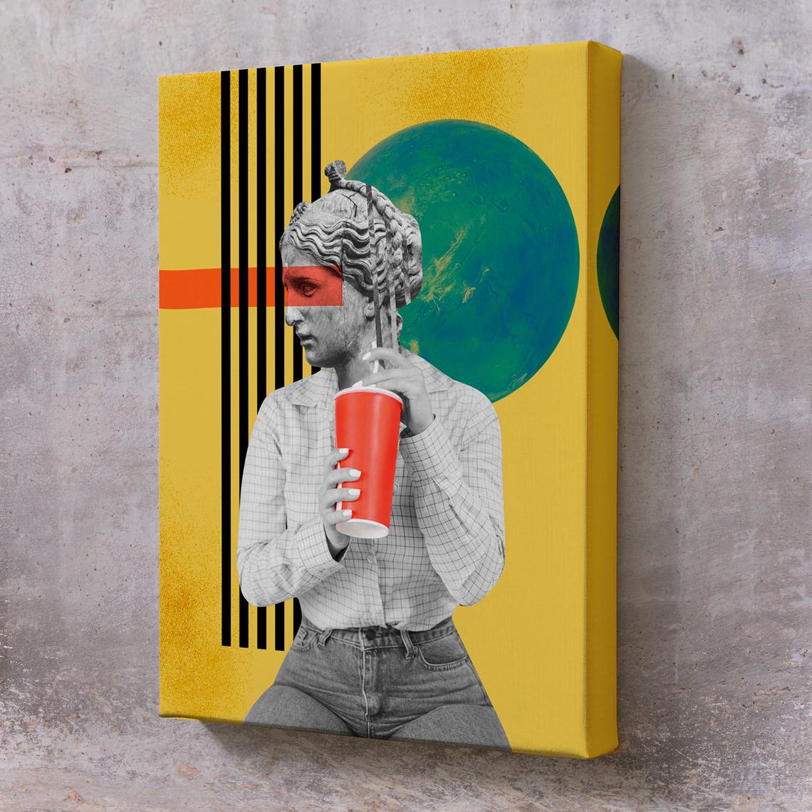 Pop Art Statue Head Woman Red Cup Yellow Surreal Collage Wall Art