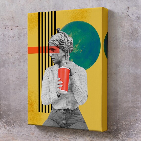 Pop Art Statue Head Woman Red Cup Yellow Surreal Collage Wall Art