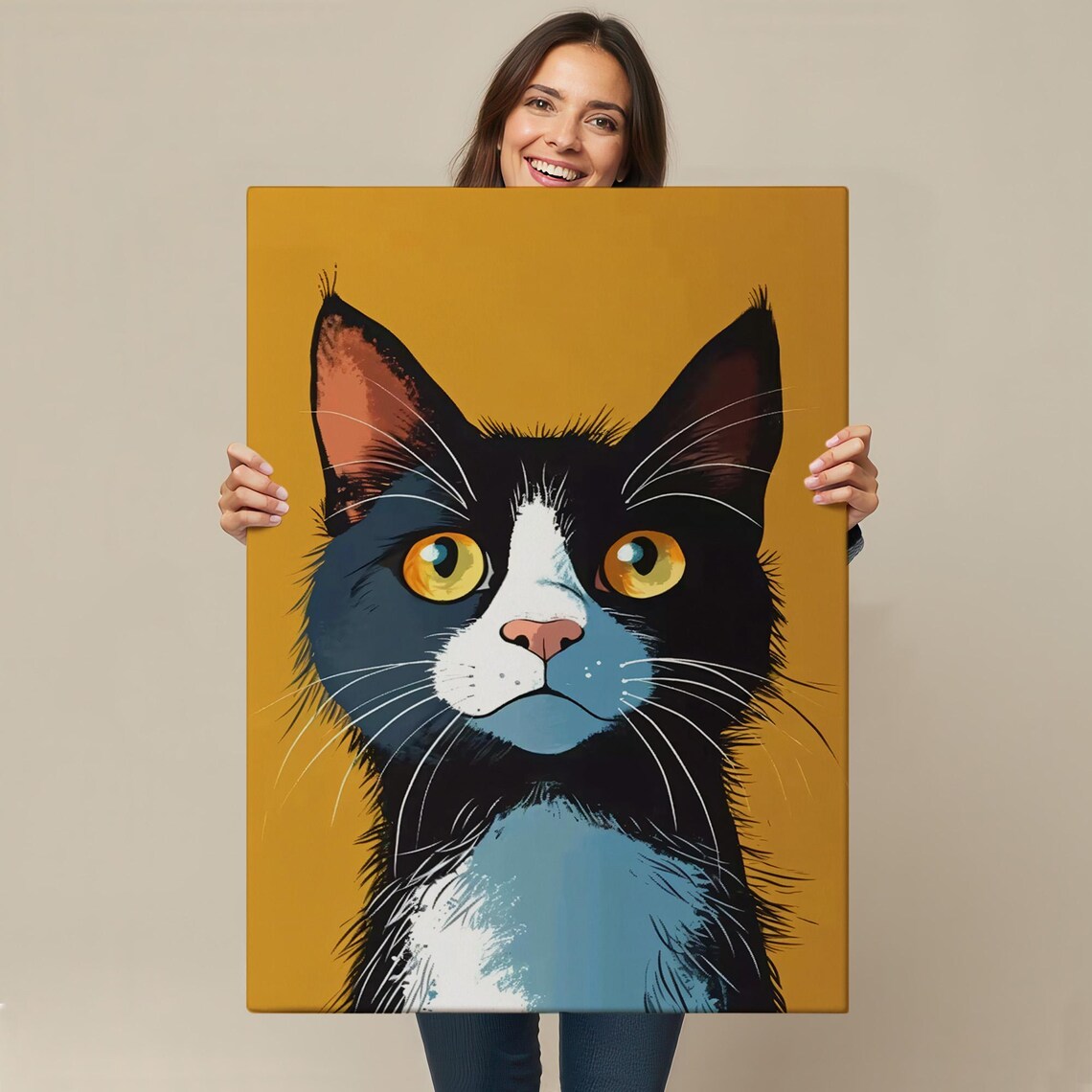 Tuxedo Cat Big Yellow Eyes Mustard Background Pop Art Animal Poster - Image 4