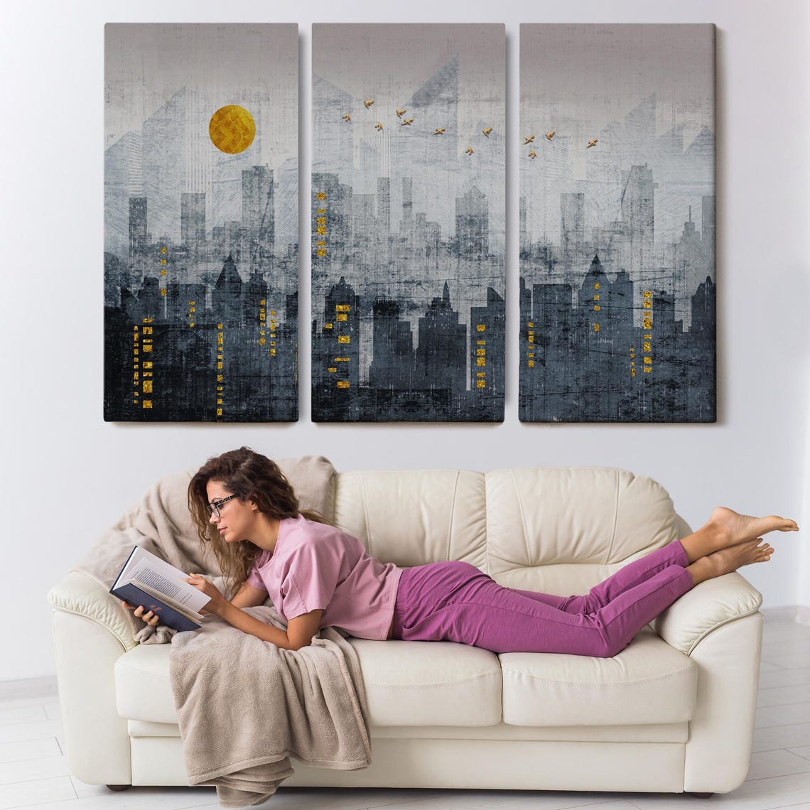 Gray Modern City Skyline Silhouette Gold Sun Night Lights Wall Art - Image 3