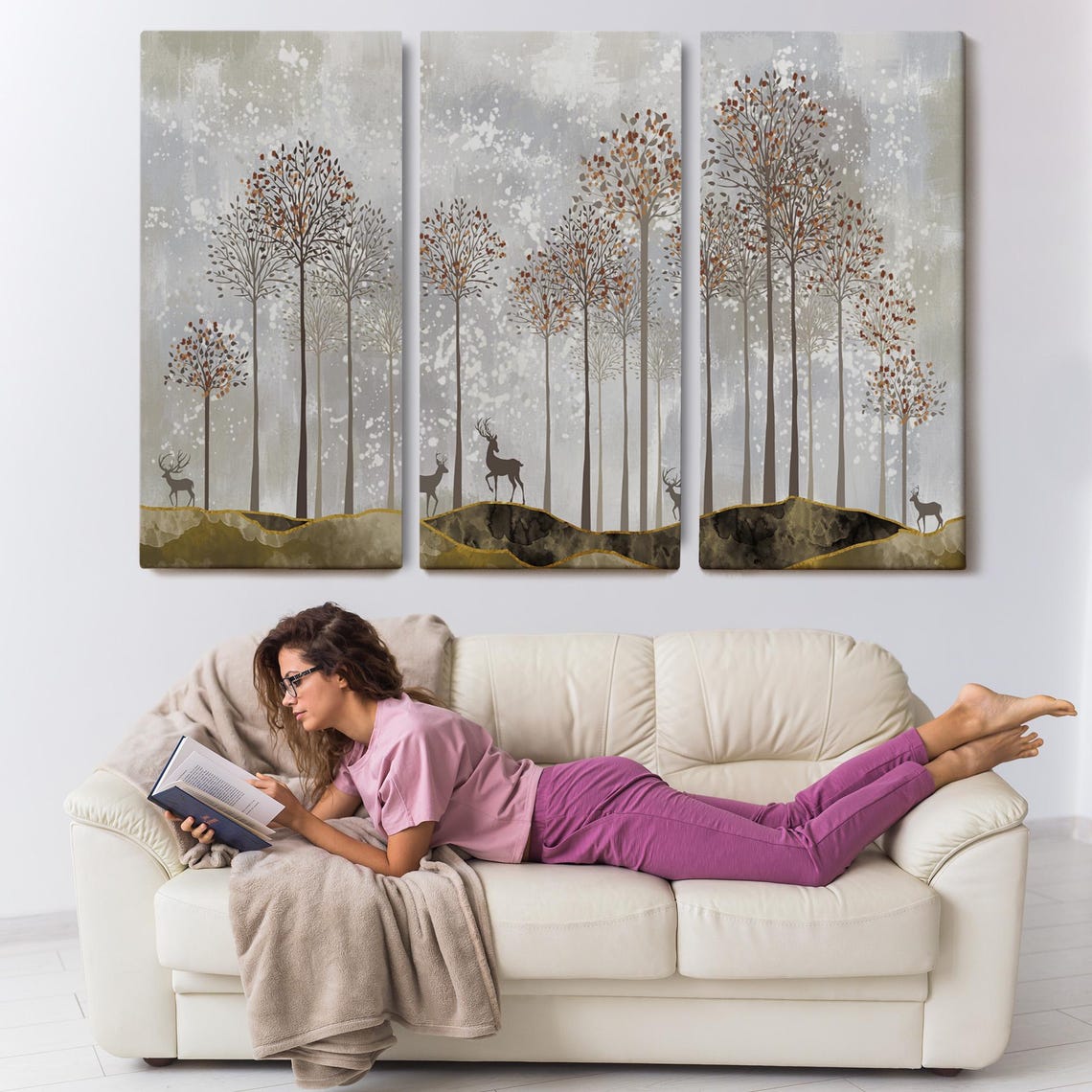 Golden Deer Silhouettes Tall Trees Forest Minimalist Art Poster - Image 3