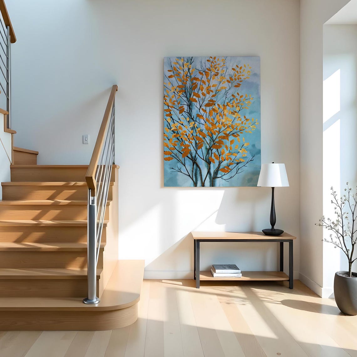 Golden Autumn Leaves Bare Branches Soft Blue Watercolor Tree Poster - Image 2