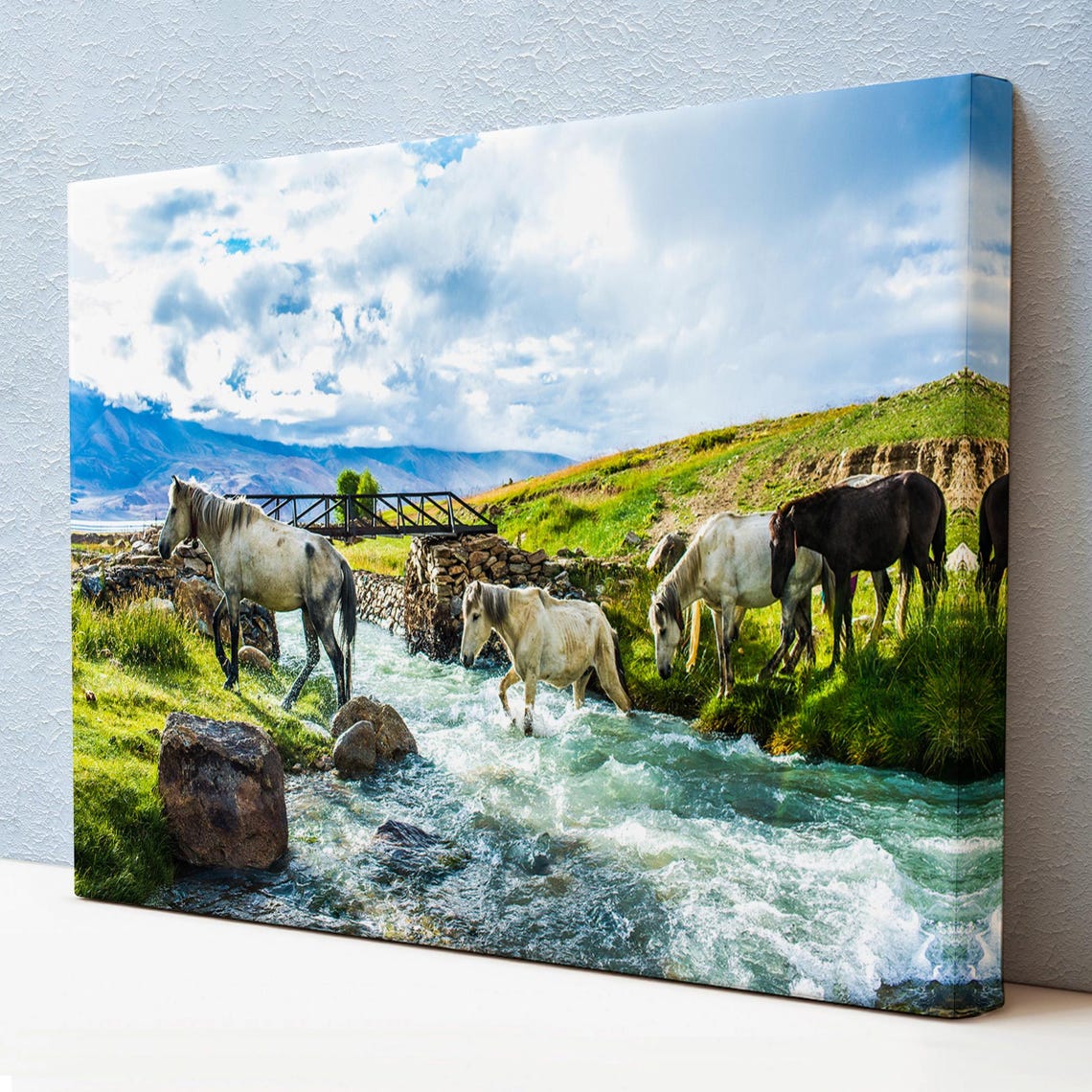 Wild Horses Crossing Mountain River Stone Bridge Photo Wall Poster