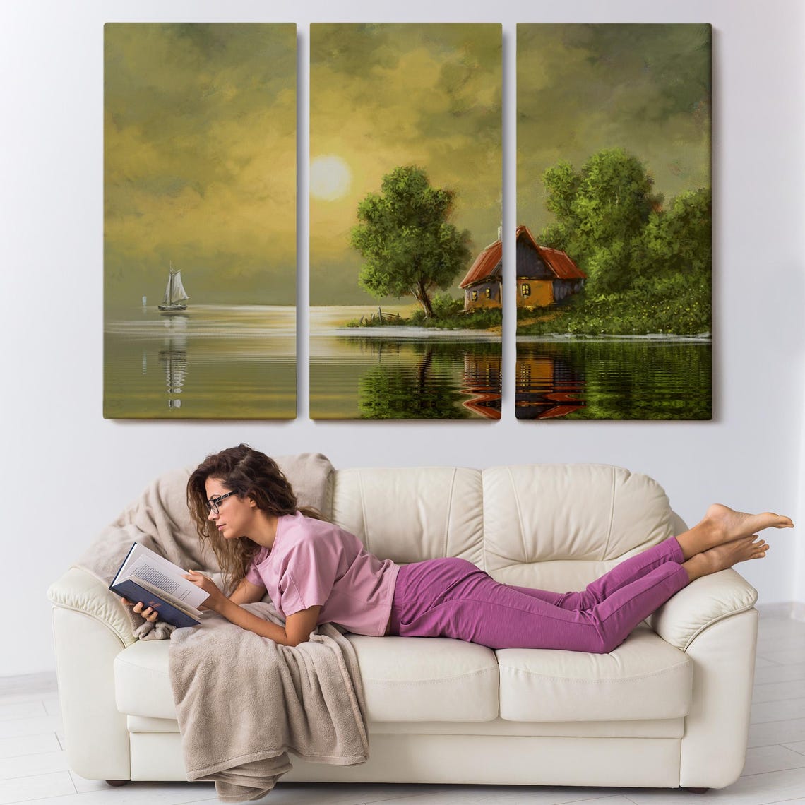 Lakeside Cottage Red Roof Golden Sunset Reflection Sailboat Poster - Image 3
