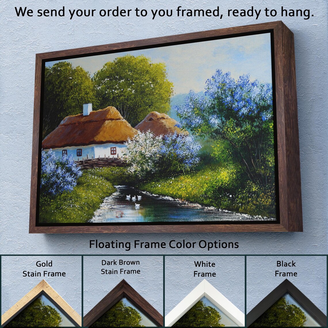 Thatched Roof Cottage By The Stream Lilac Garden Ducks Poster - Image 3