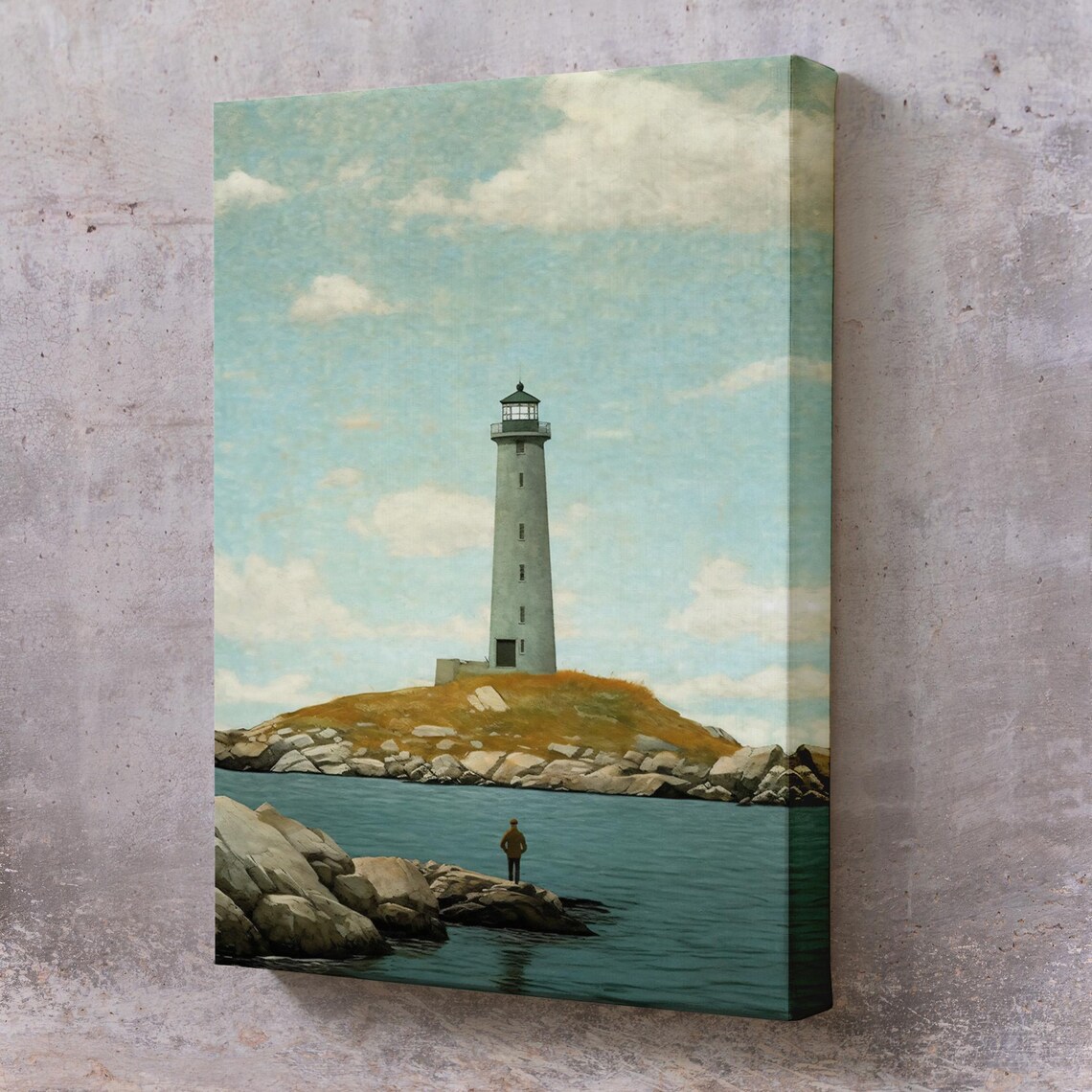 Lighthouse Rocky Island Lone Figure Teal Sea Serene Coastal Poster