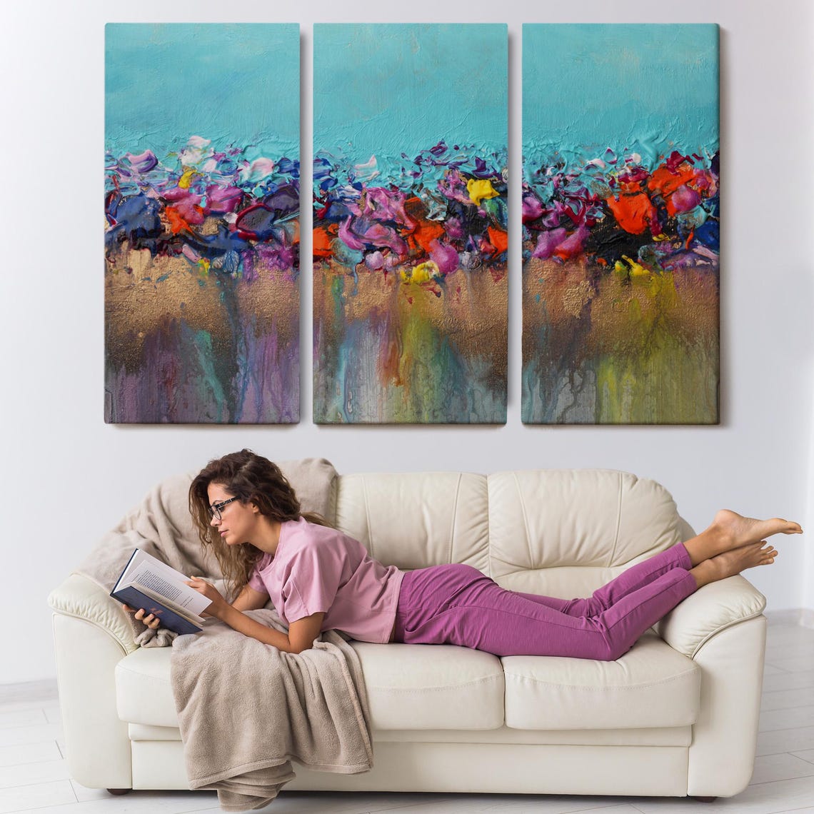 Turquoise Abstract Acrylic Pour Colorful Floral Band Modern Art Poster - Image 3