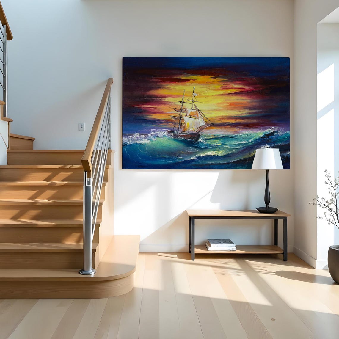 Sailing Ship on Stormy Sunset Teal Waves Dramatic Sky Wall Art - Image 2