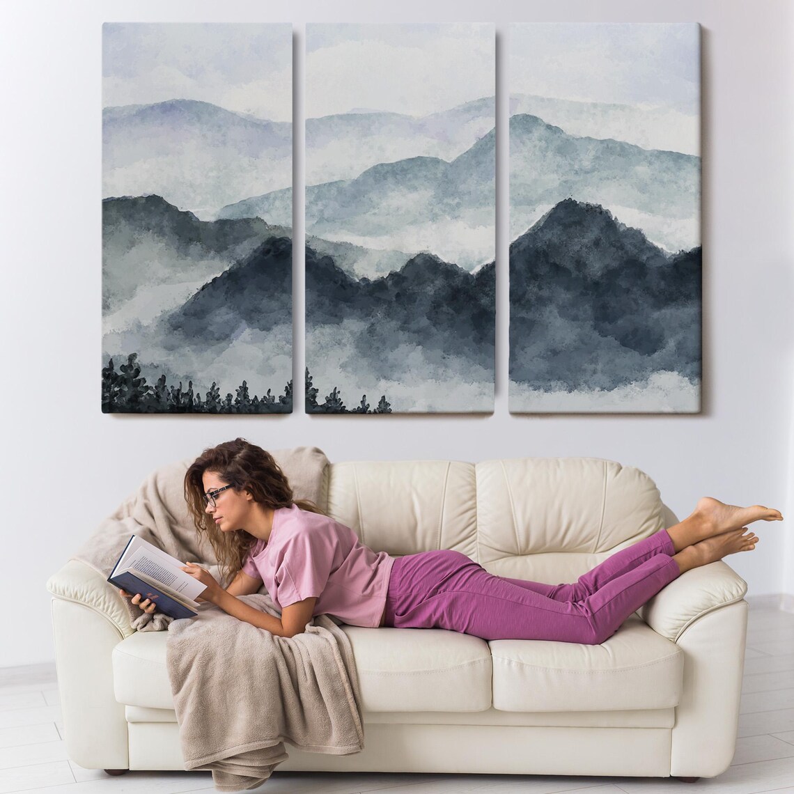 Misty Blue Mountain Ridges Fog Watercolor Minimal Landscape Poster - Image 3