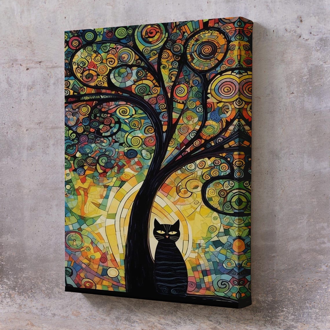 Black Cat Mosaic Tree Colorful Swirl Stained Glass Style Art Poster