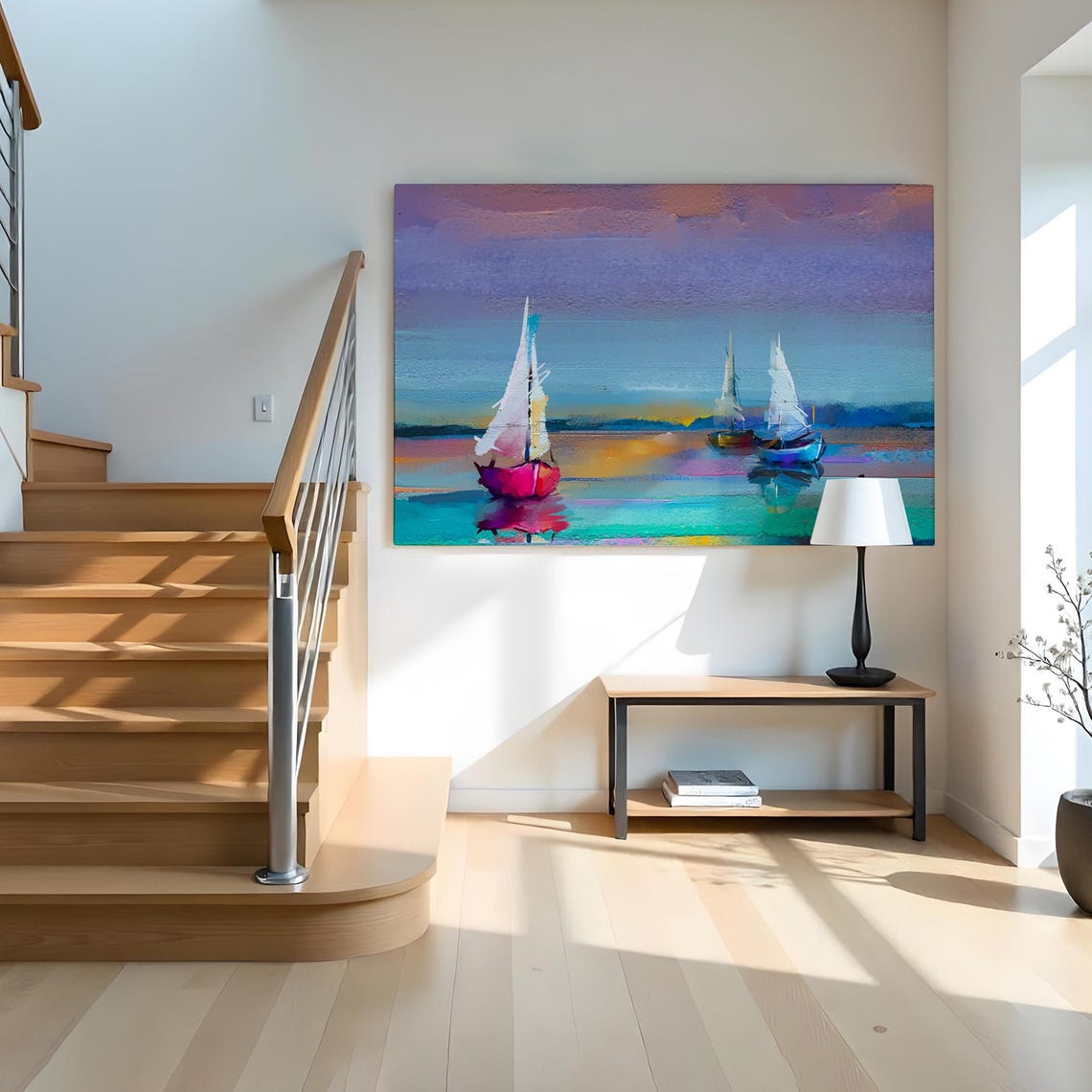 Three Colorful Sailboats Sunset Sky Vibrant Ocean Sailing Art Poster - Image 2