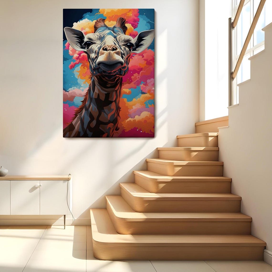 Colorful Giraffe Face Pop Art Sunset Clouds Fun Animal Poster - Image 2
