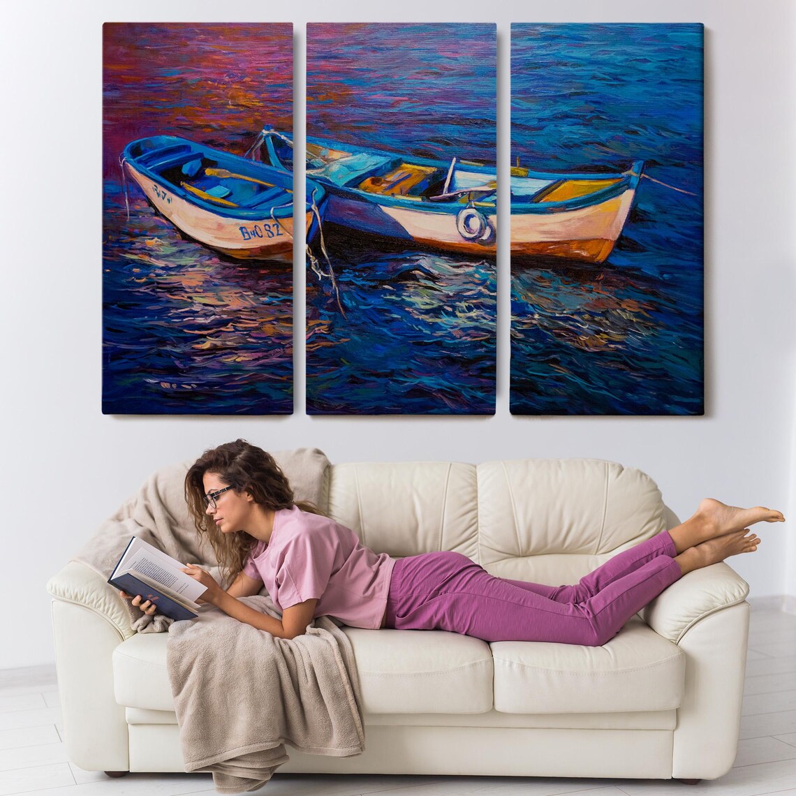 Colorful Fishing Boats Sunset Blue Water Oil Painting Art Poster - Image 3