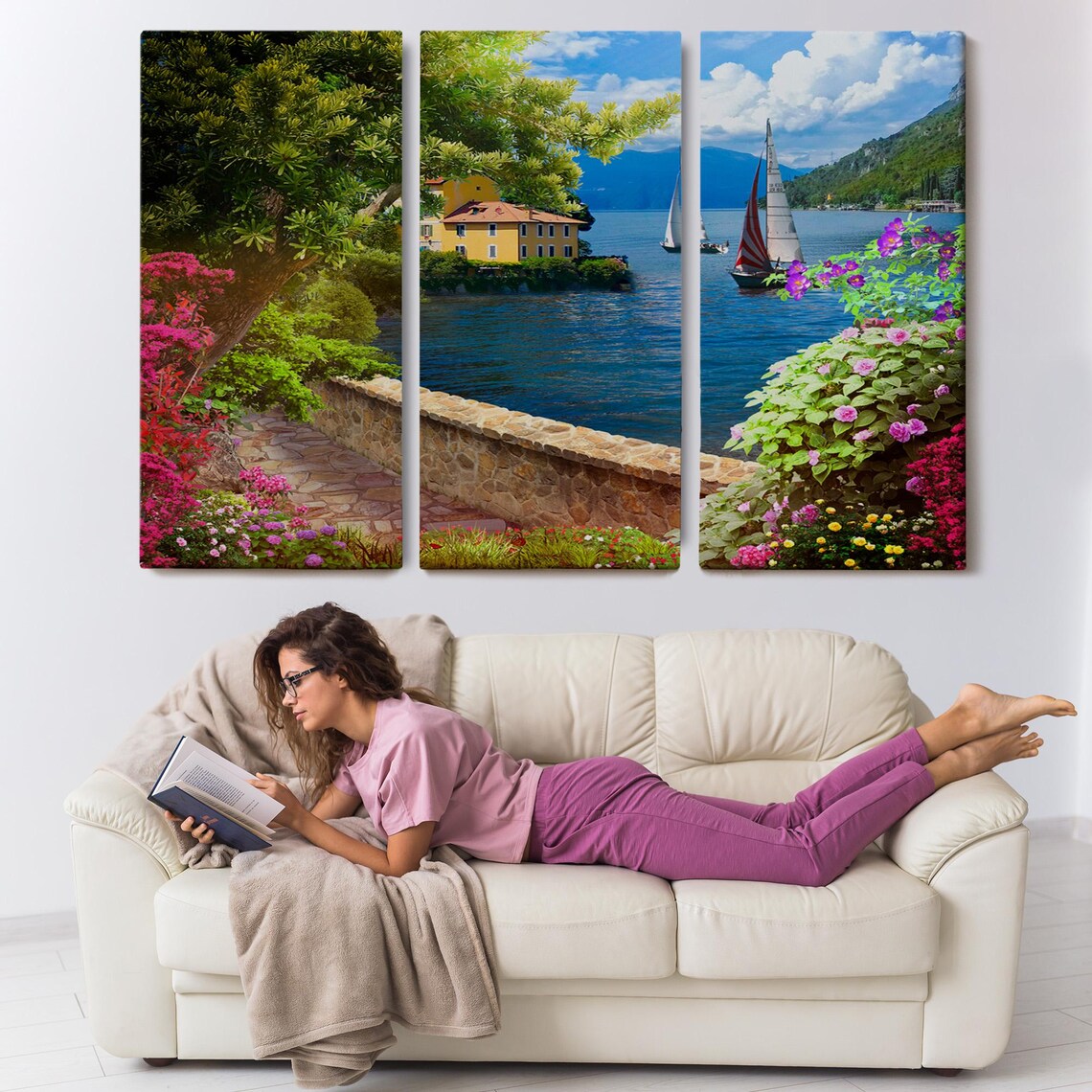 Italian Lake Villa Flower Garden Sailboats Summer Lakeside View Poster - Image 3