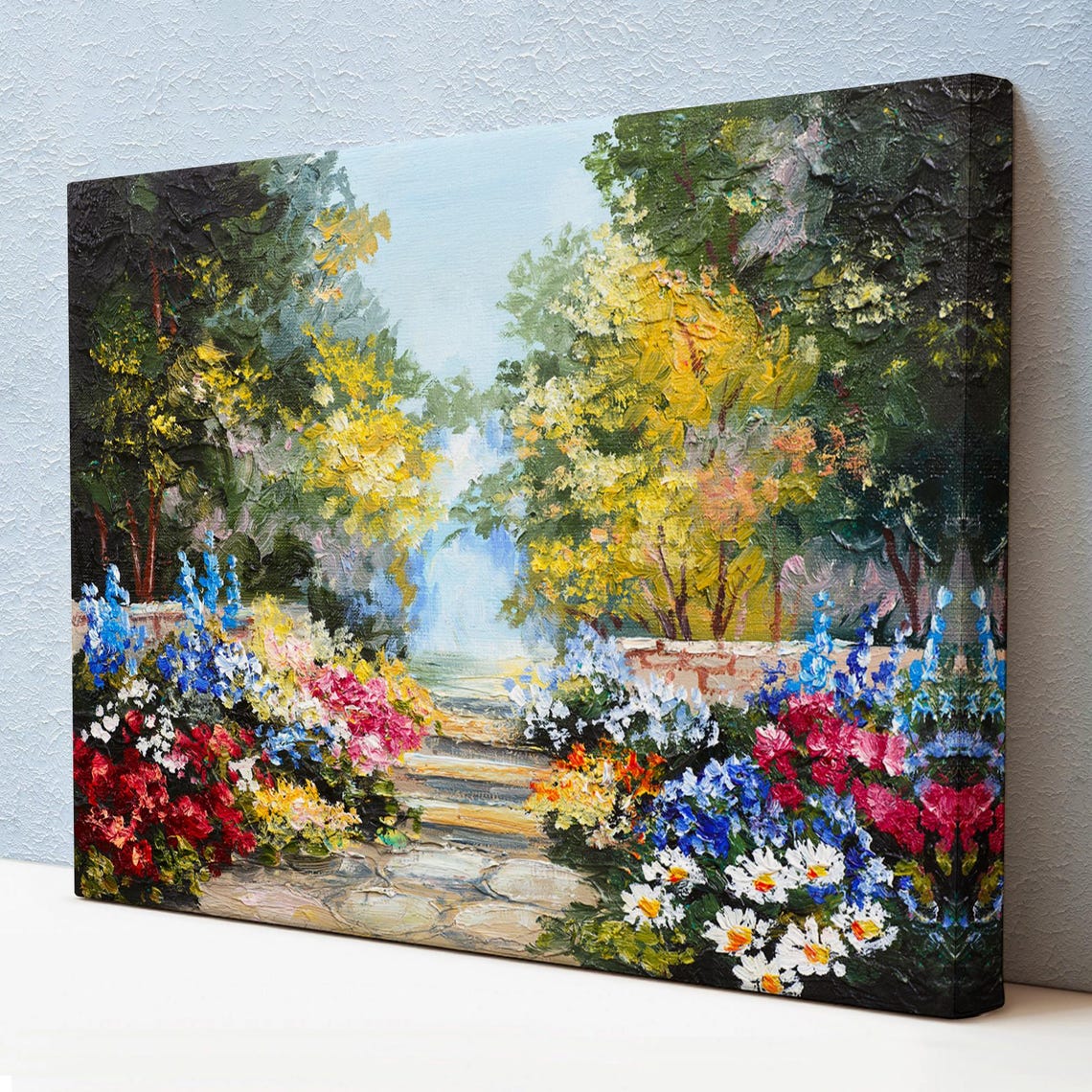 Sunlit Garden Path Blooming Flowers Stone Steps Oil Painting Print