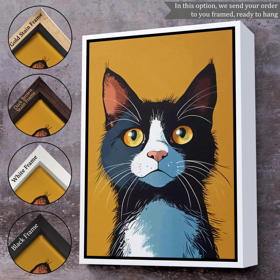 Tuxedo Cat Big Yellow Eyes Mustard Background Pop Art Animal Poster - Image 3