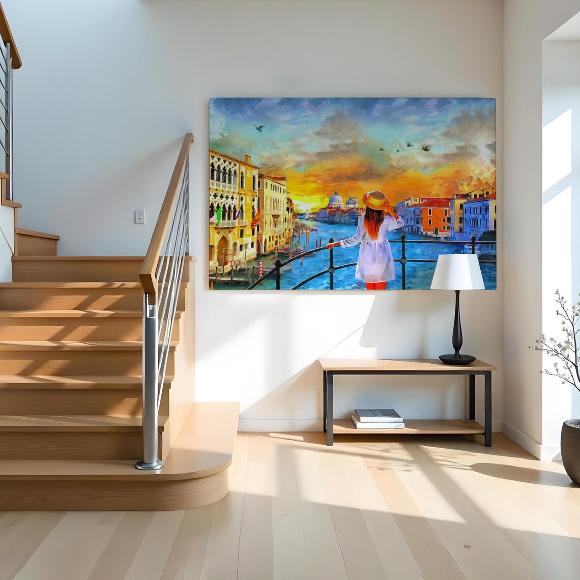 Venice Grand Canal Bridge Sunset Woman Straw Hat Golden Sky Poster - Image 2