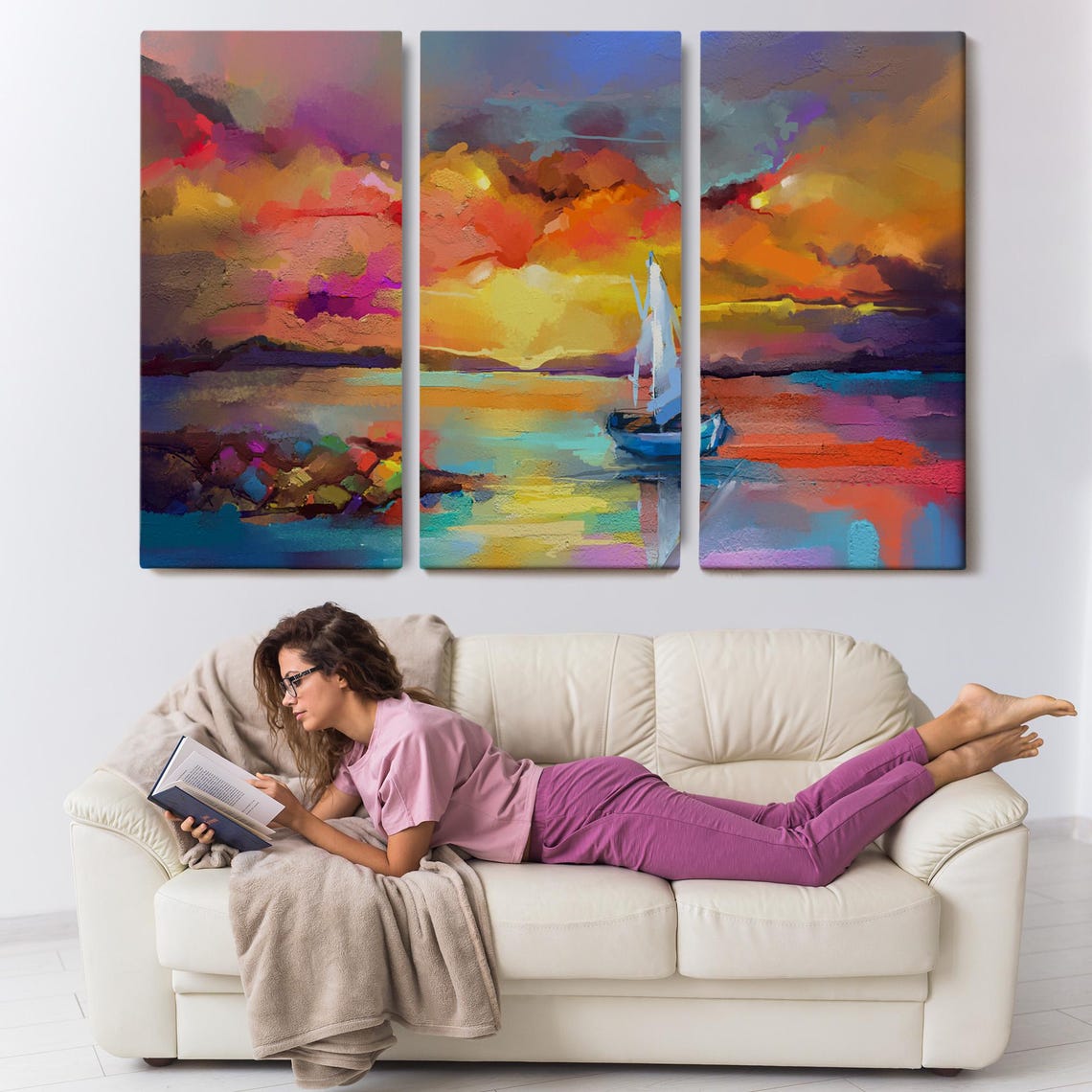 Lone Sailboat Pink Orange Sunset Dramatic Abstract Sky Ocean Poster - Image 3