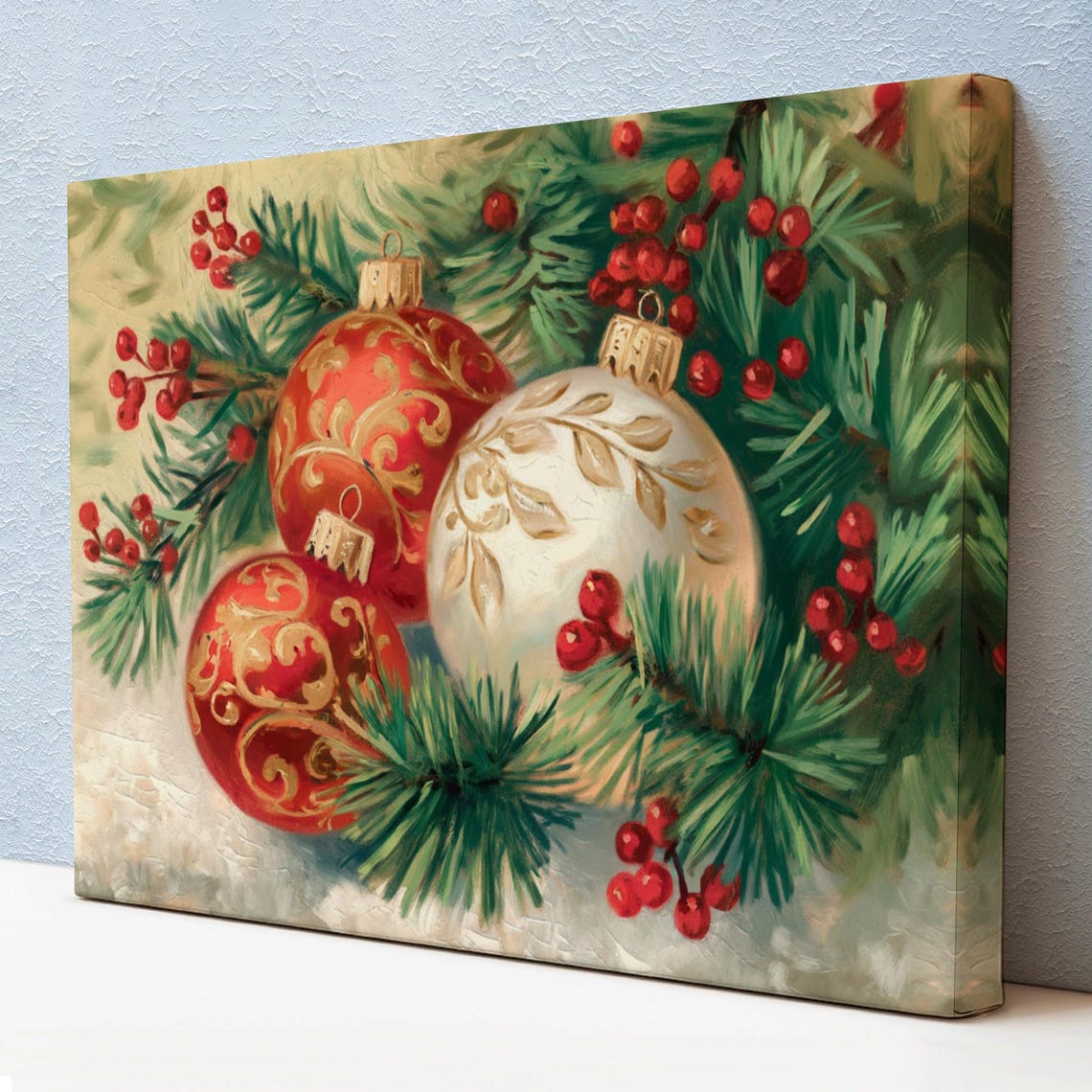 Red Gold Christmas Baubles Pine Branches Berries Ornate Holiday Poster