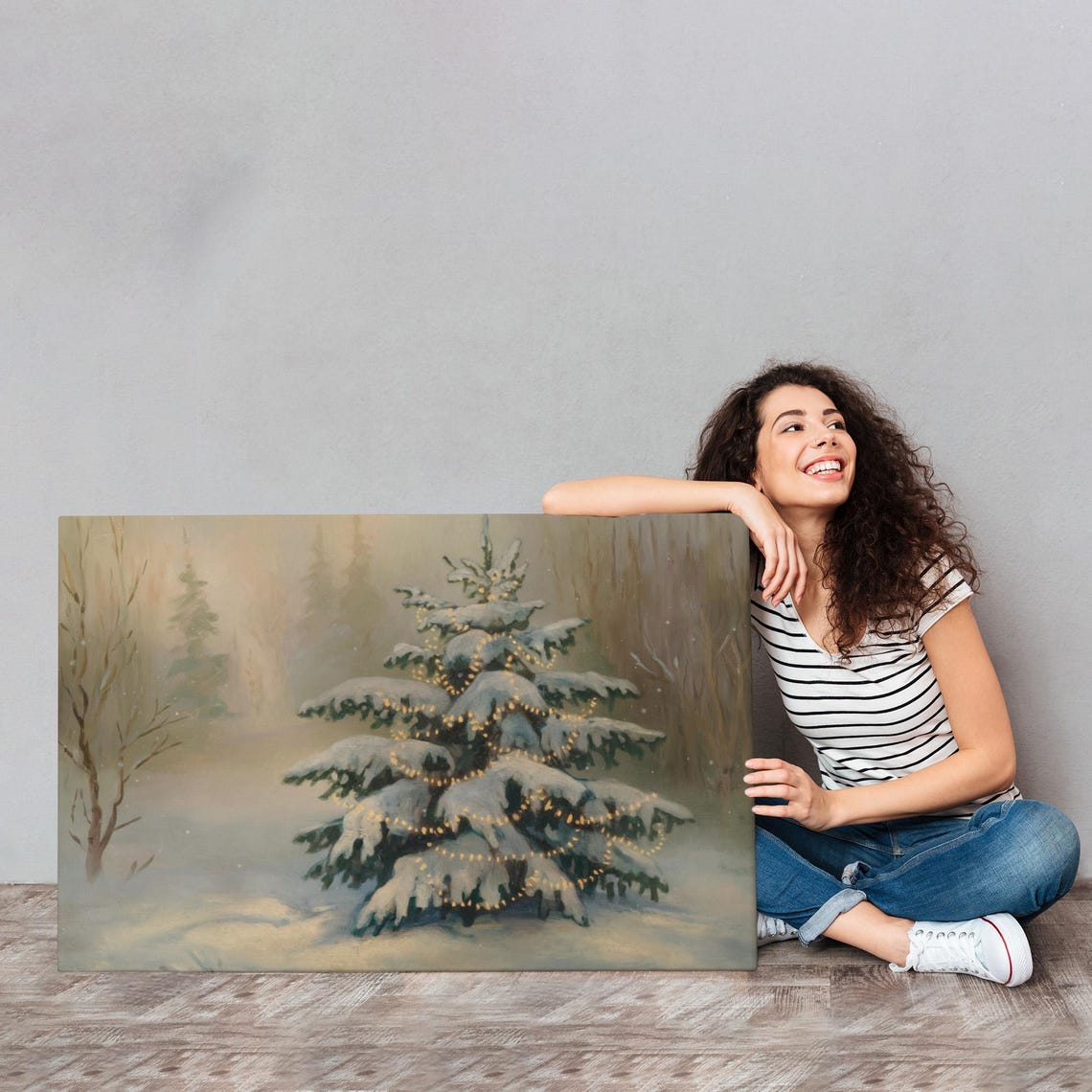 Snow Covered Evergreen Warm String Lights Winter Night Painting Poster - Image 4