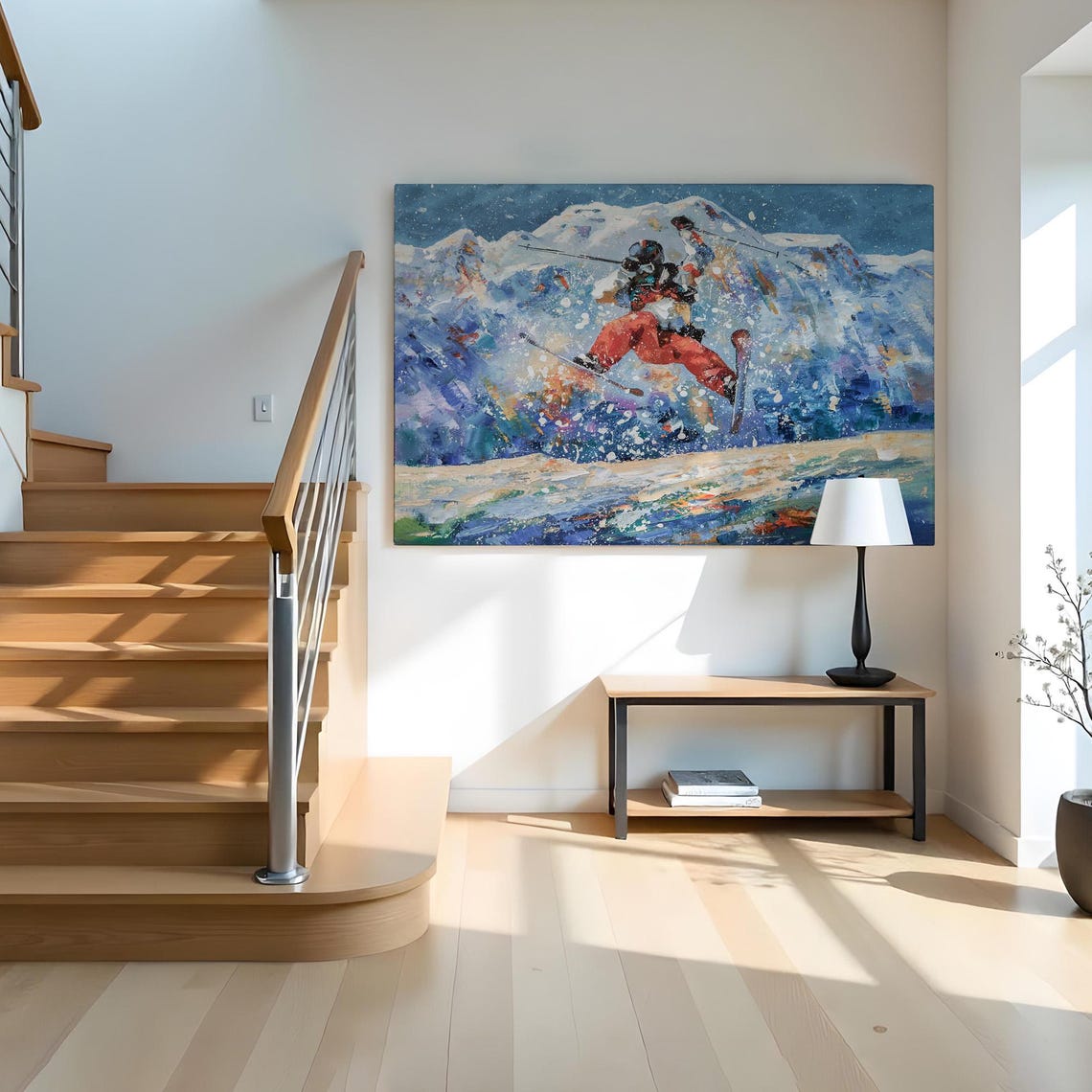 Freestyle Skier Mid Jump Snowy Mountain Peaks Action Painting Poster - Image 2