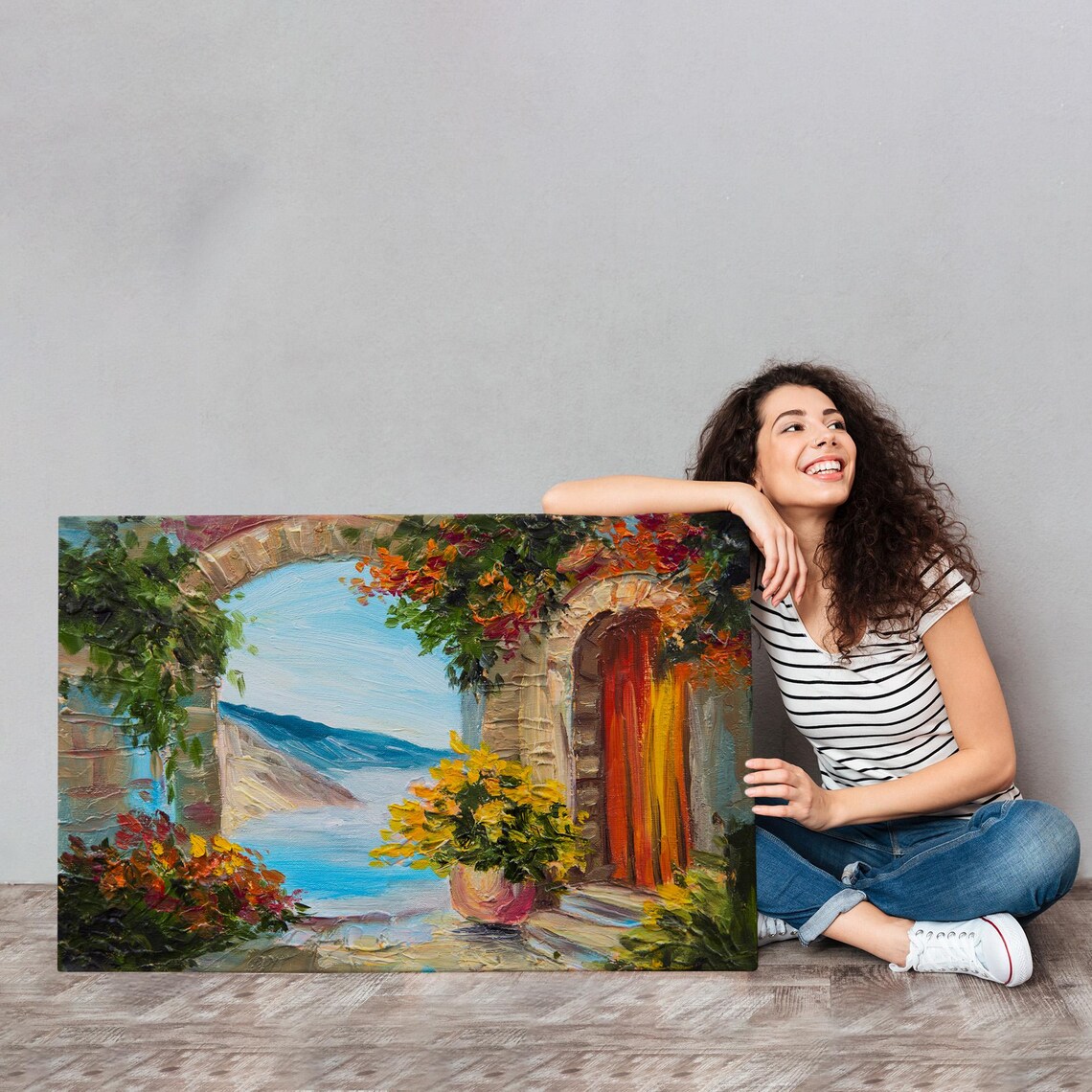 Mediterranean Stone Arch Terrace Red Door Sea View Flower Poster - Image 4