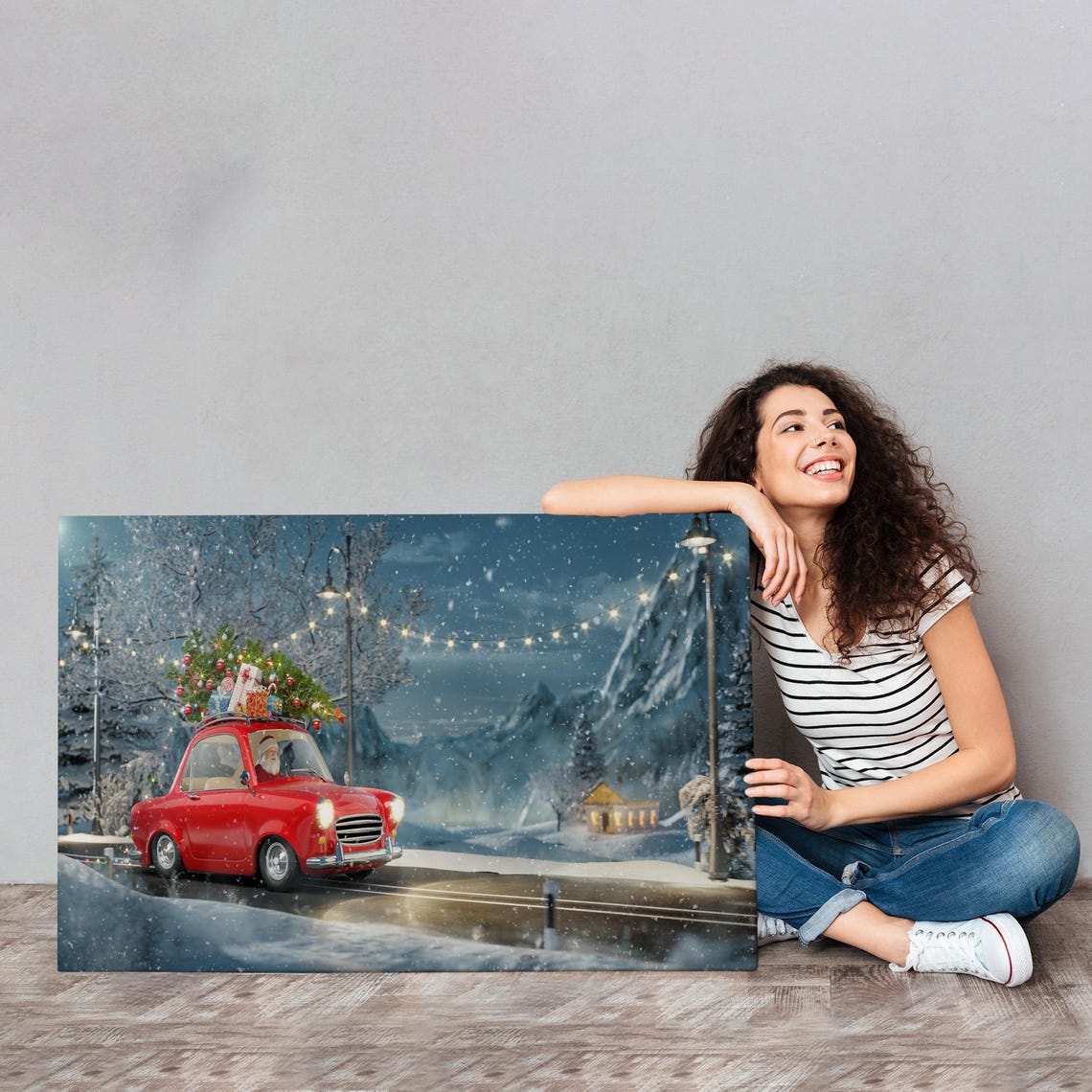 Santa Claus Driving Red Vintage Car Snowy Night Christmas Wall Art - Image 4