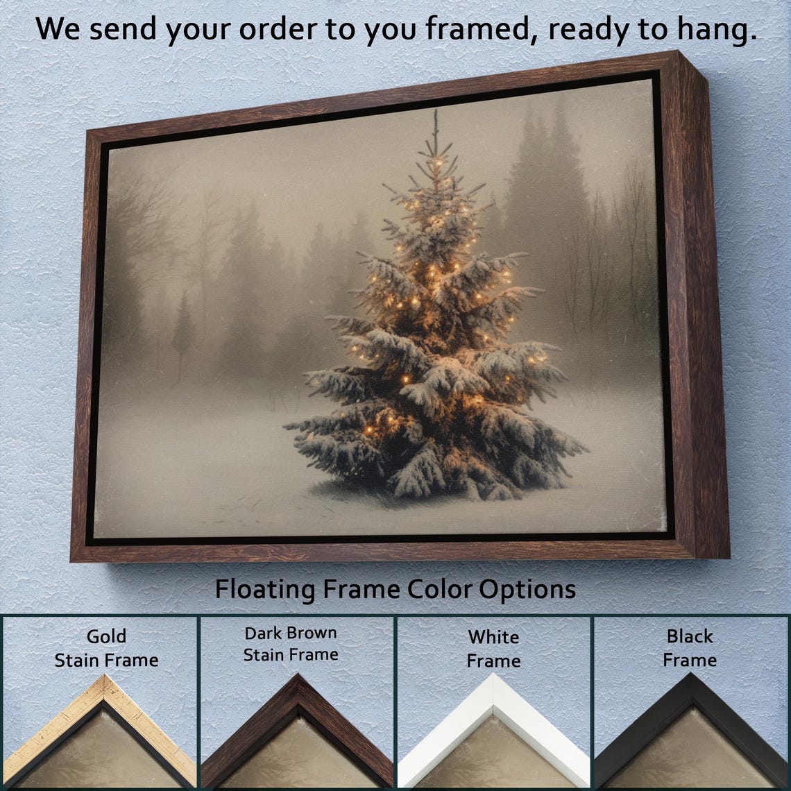 Snowy Christmas Tree Glowing Lights Misty Winter Forest Vintage Poster - Image 3