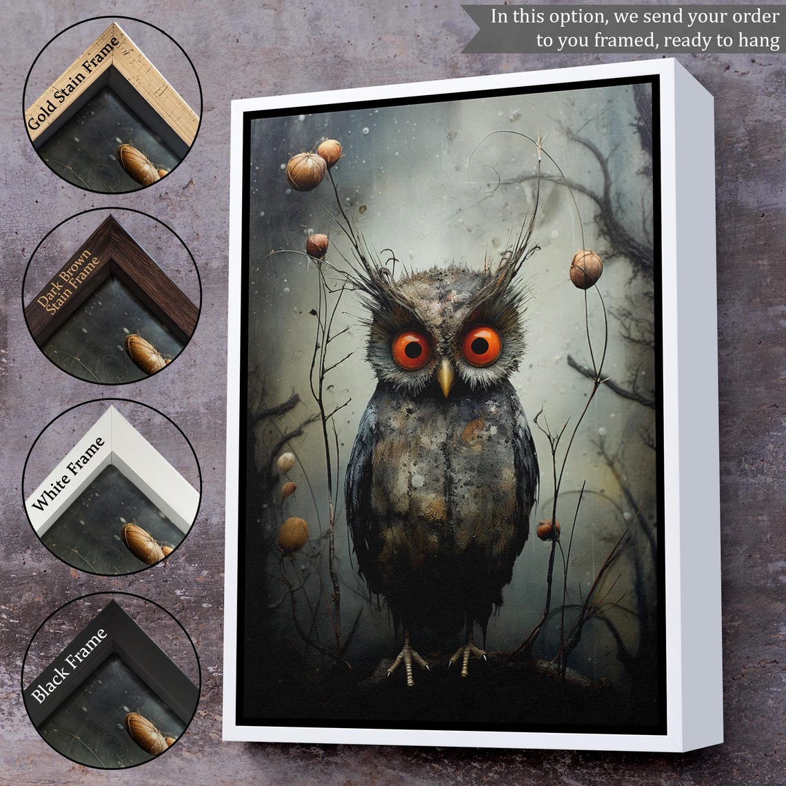 Wide Eyed Scruffy Owl Dried Branches Misty Woodland Art Poster - Image 3