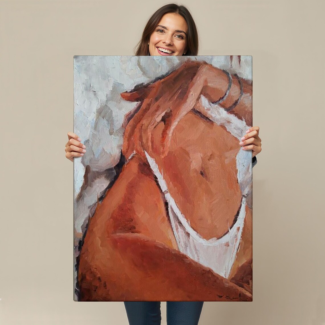Reclining Woman Torso In White Underwear Impressionist Oil Painting Poster - Image 4