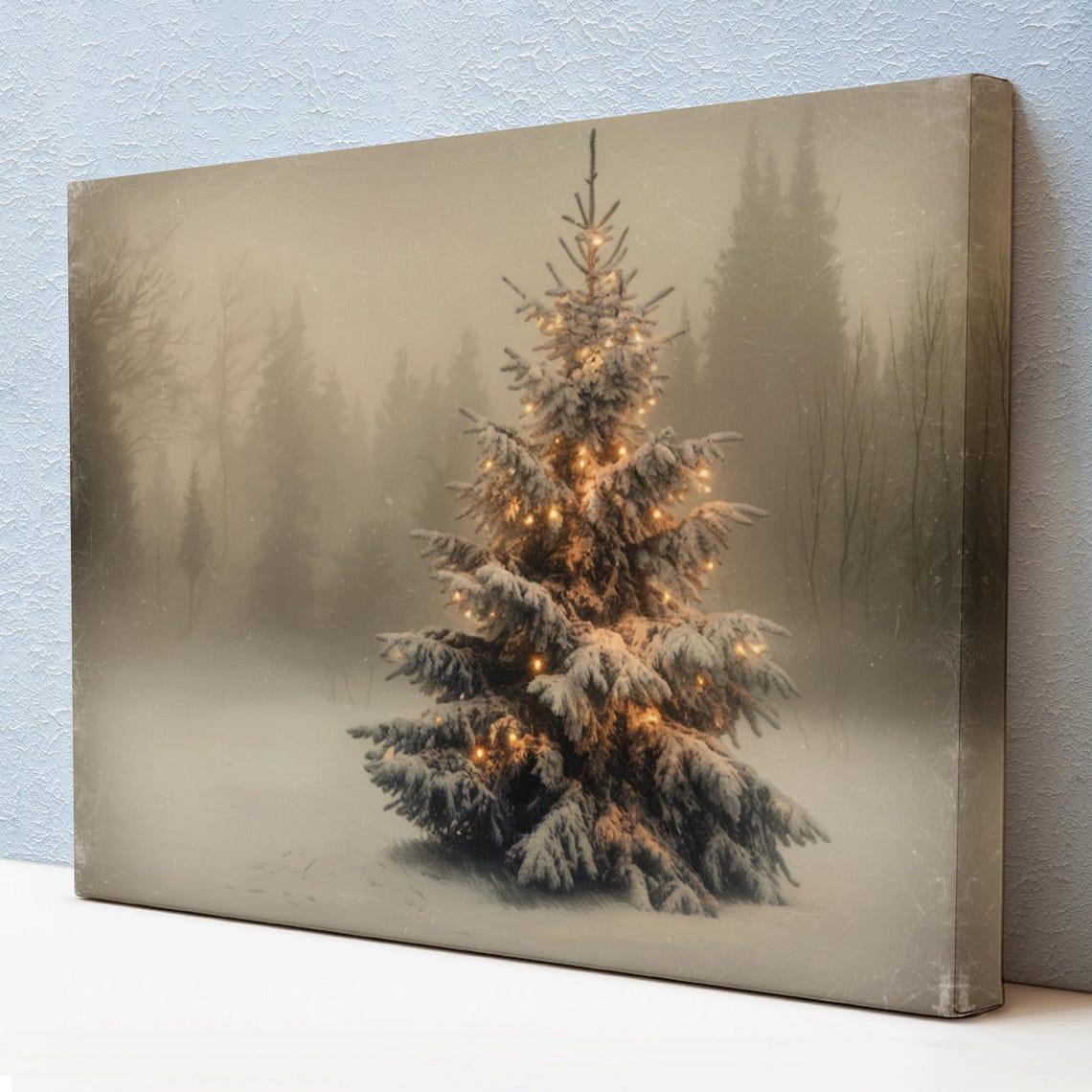 Snowy Christmas Tree Glowing Lights Misty Winter Forest Vintage Poster