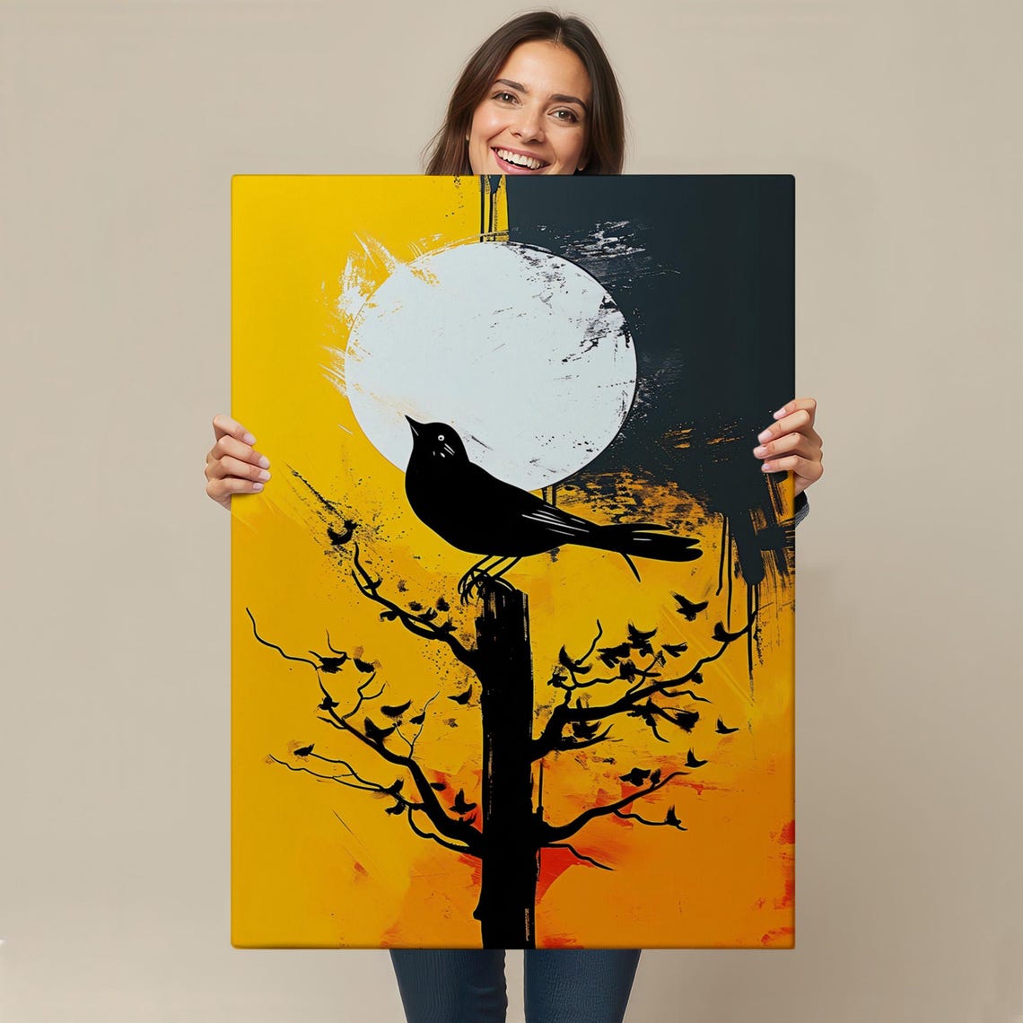Black Bird On Branch Big Moon Sunset Dramatic Silhouette Art Poster - Image 4