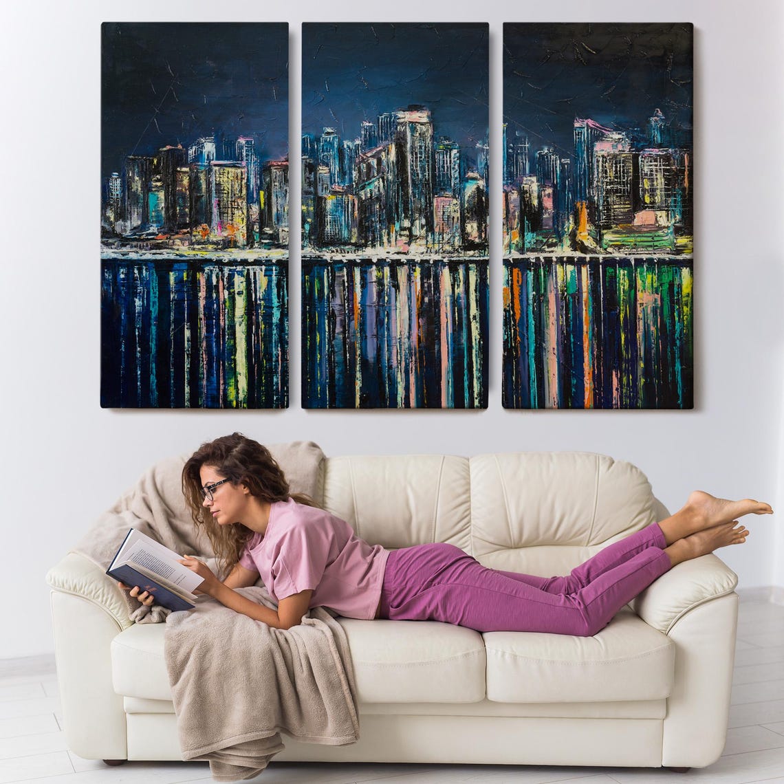 Abstract Night City Skyline Reflections Neon Lights Oil Style Poster - Image 3