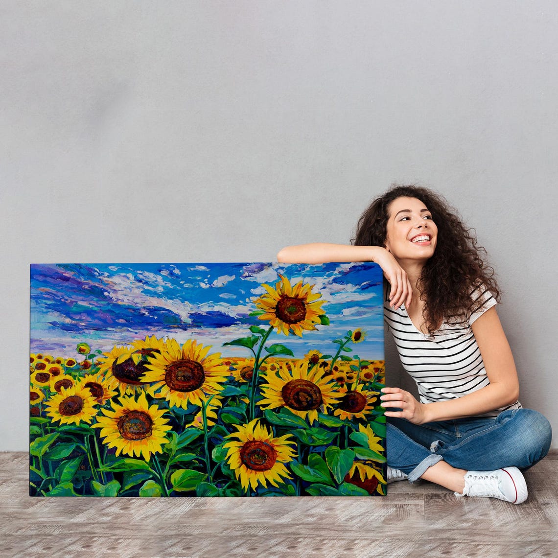 Tall Sunflowers Bright Blue Cloudy Sky Cheerful Summer Garden Poster - Image 4