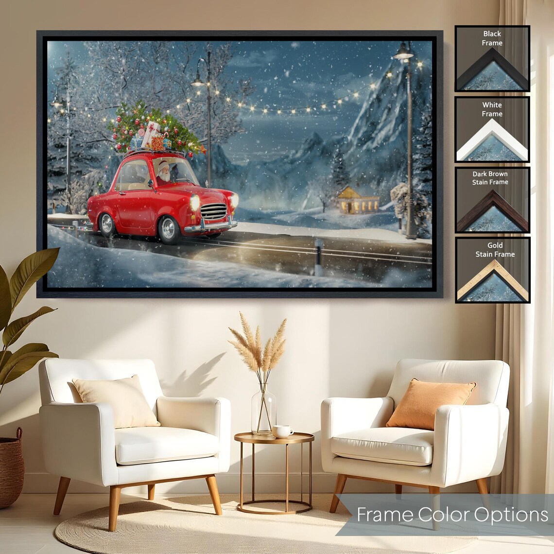 Santa Claus Driving Red Vintage Car Snowy Night Christmas Wall Art - Image 2