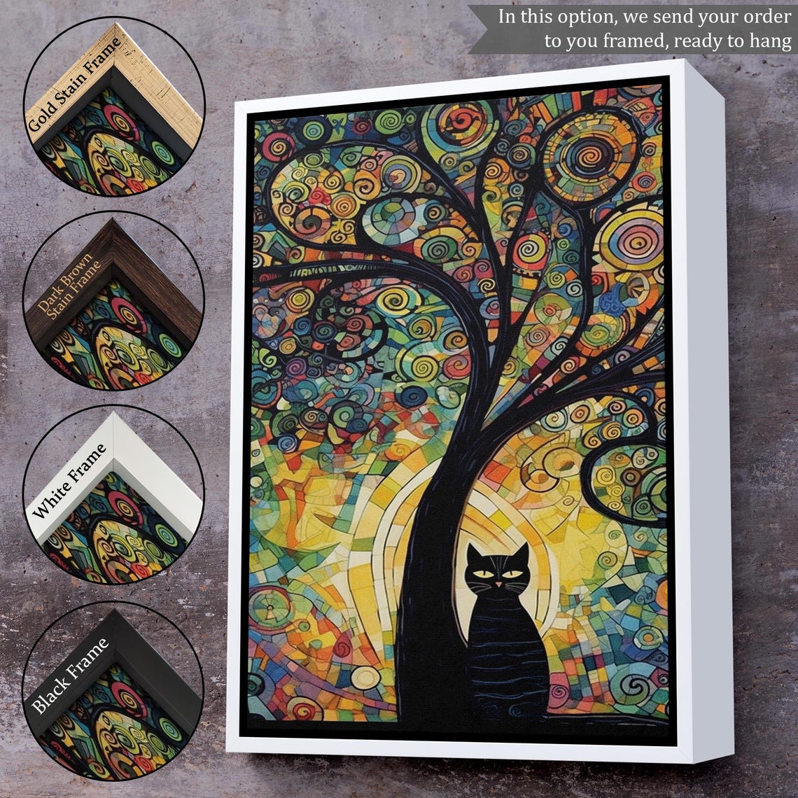 Black Cat Mosaic Tree Colorful Swirl Stained Glass Style Art Poster - Image 3