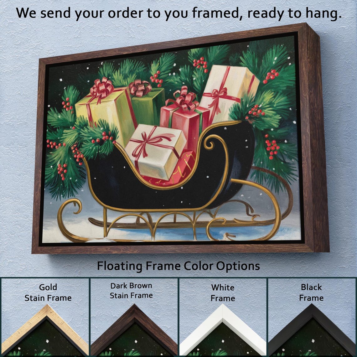 Black Gold Christmas Sleigh Colorful Gifts Pine Berries Festive Poster - Image 3
