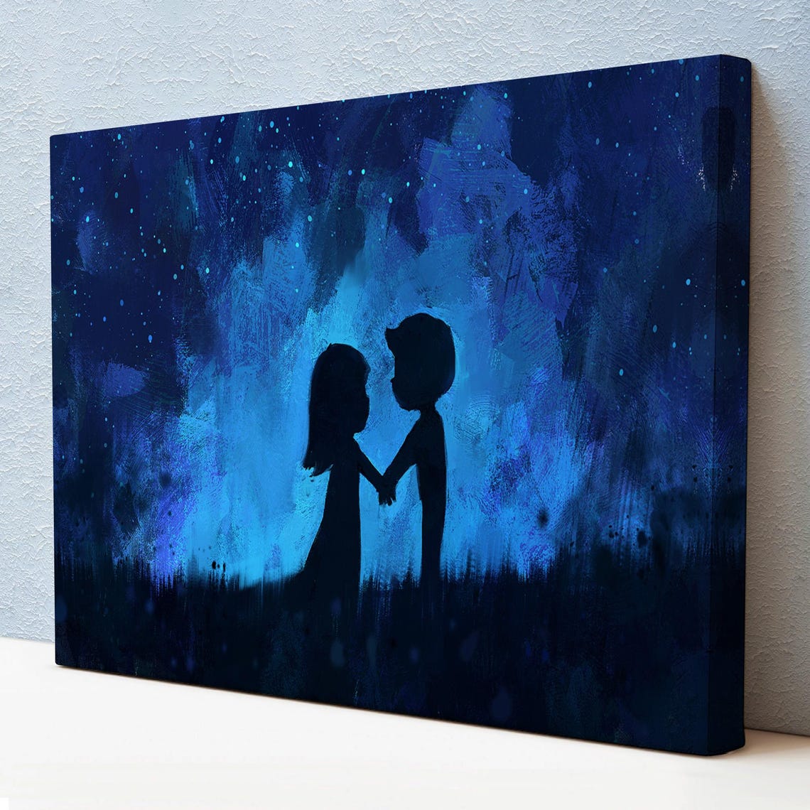 Little Lovers Holding Hands Starry Blue Night Silhouette Art Poster